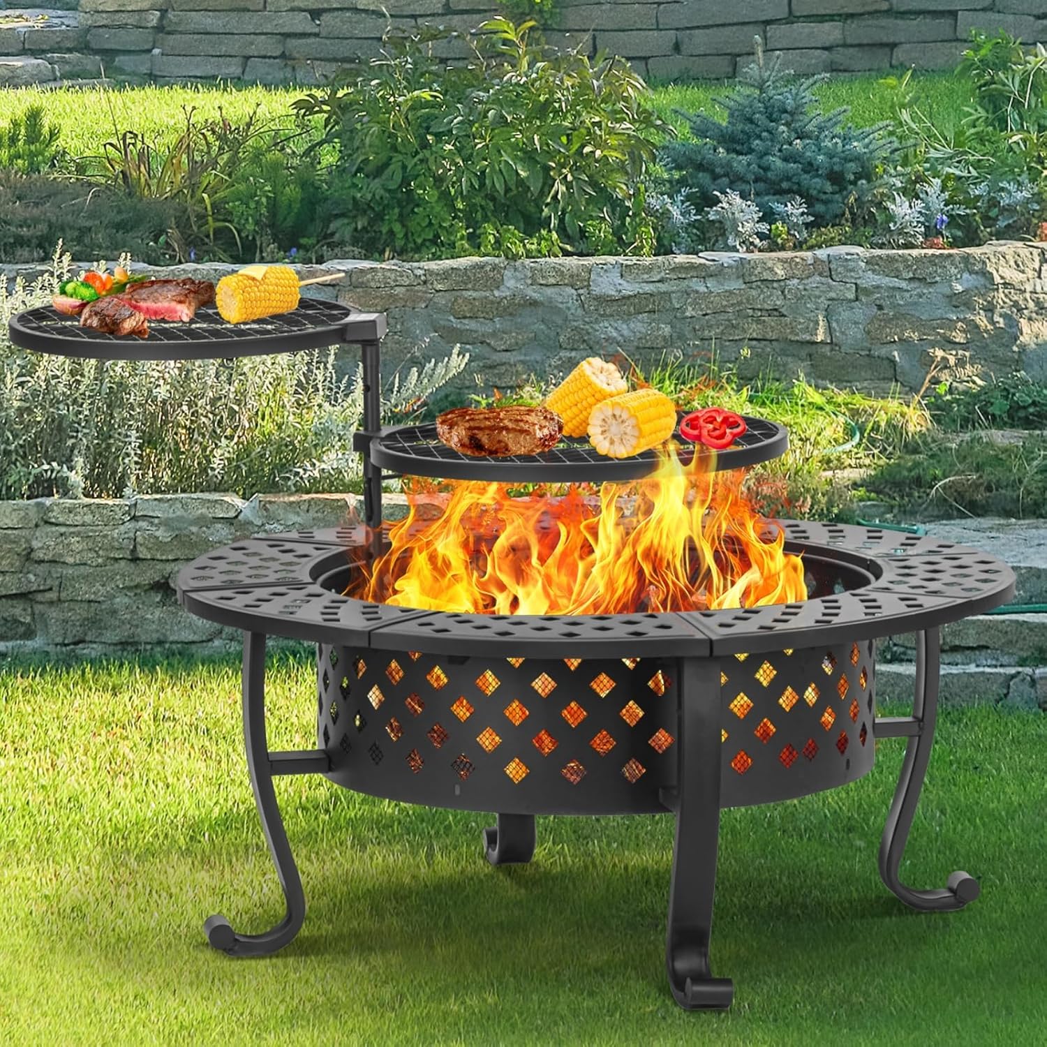 Panovue 42 Inch Fire Pit with 2 BBQ Grills, Wood Burning Fire Pits for Outside with Lid & Fire Poker, BBQ& Outdoor Firepit & Round Metal Table 3 in 1 for Patio, Picnic, Party