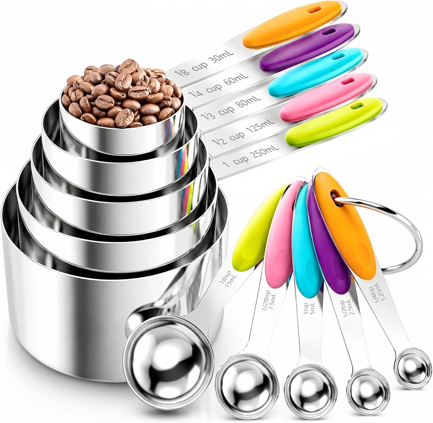 Measuring Cups and Spoons Set of 10 Piece, Stainless Steel Nesting Measuring Cups Set with Silicone Handles, Kitchen Utensils for Cooking and Baking