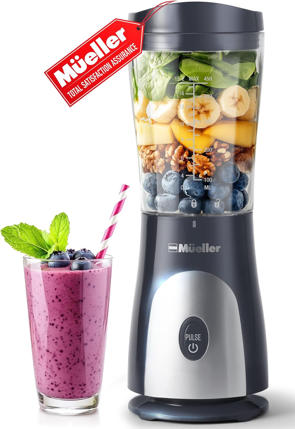 Mueller Smoothie Blender for Smoothies – Personal Blender for Shakes, Frozen Drinks, Baby Food & More, 15oz Travel Cup and Lid, Durable Stainless Steel Blades for Powerful Blending Performance
