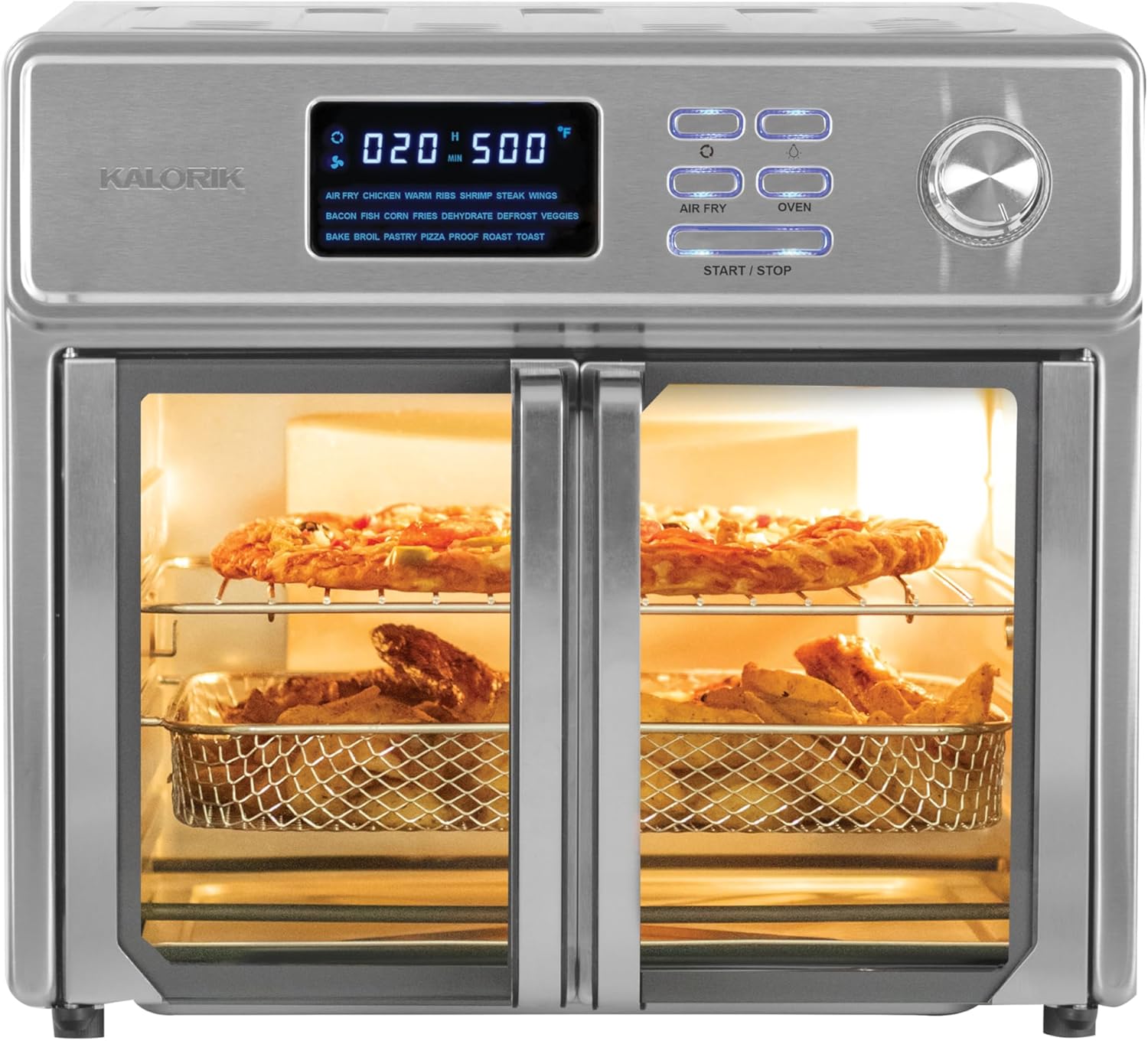 Kalorik MAXX Air Fryer Oven, 26 Quart 10-in-1 Countertop Toaster Oven & Air Fryer Combo – Fry, Bake, Roast, Rotisserie, & More, Large Glass French Doors & 9 Accessories, 1700-Watts, Stainless Steel