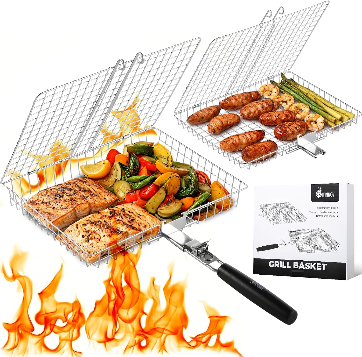 Nesting Grill Baskets, 2pcs Grilling Baskets for Outdoor with Removable Handle, Stainless Steel BBQ Camping Cooking Accessories Tools for Fish, Vegetable, Shrimp – Gifts for Men Dad Husband