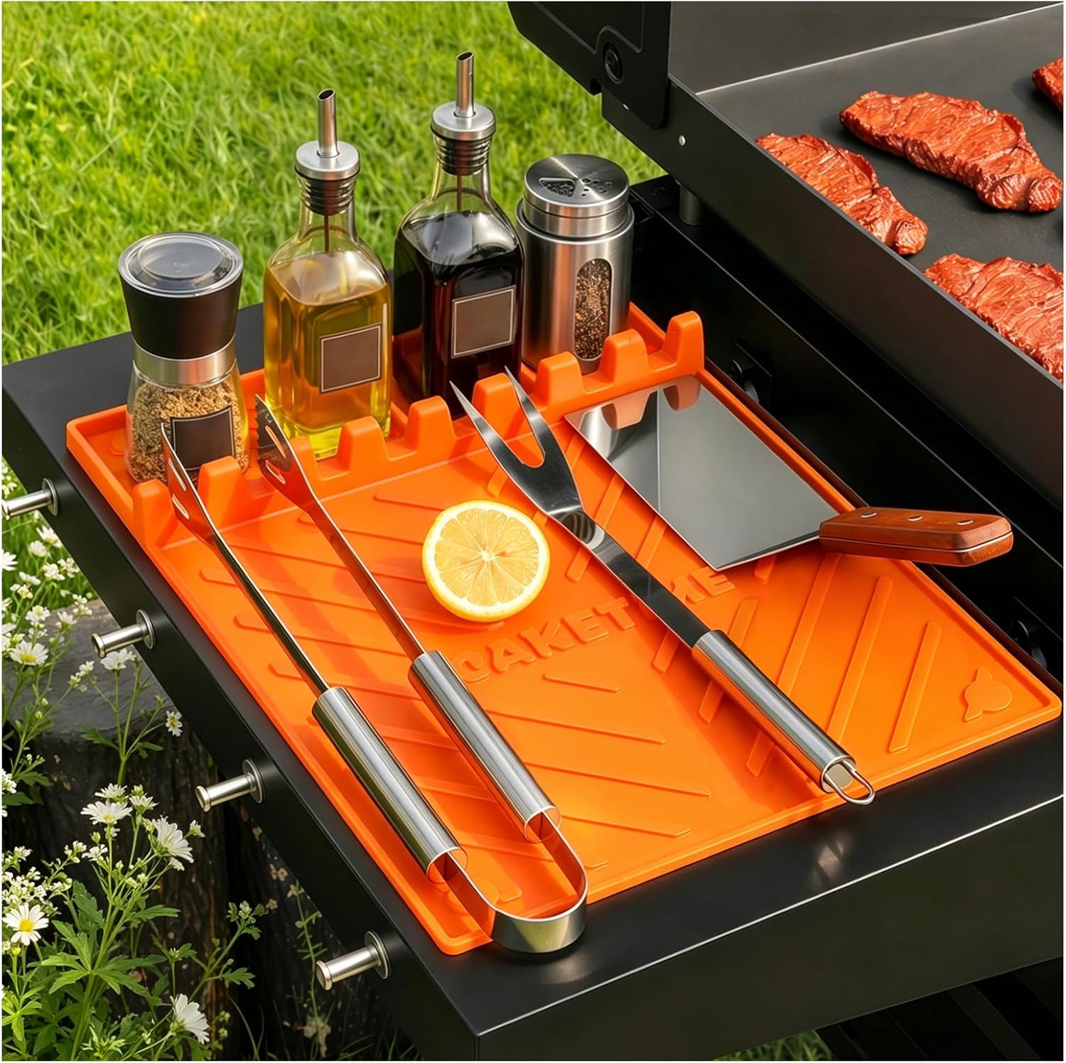 CAKETIME Silicone Grill Mats for Blackstone Griddle Accessories Baking Cooking Kitchen BBQ Must Haves Countertop Weber Traeger Stove Outdoor Camping Lawn Orange Father Dad Chef Men Gifts