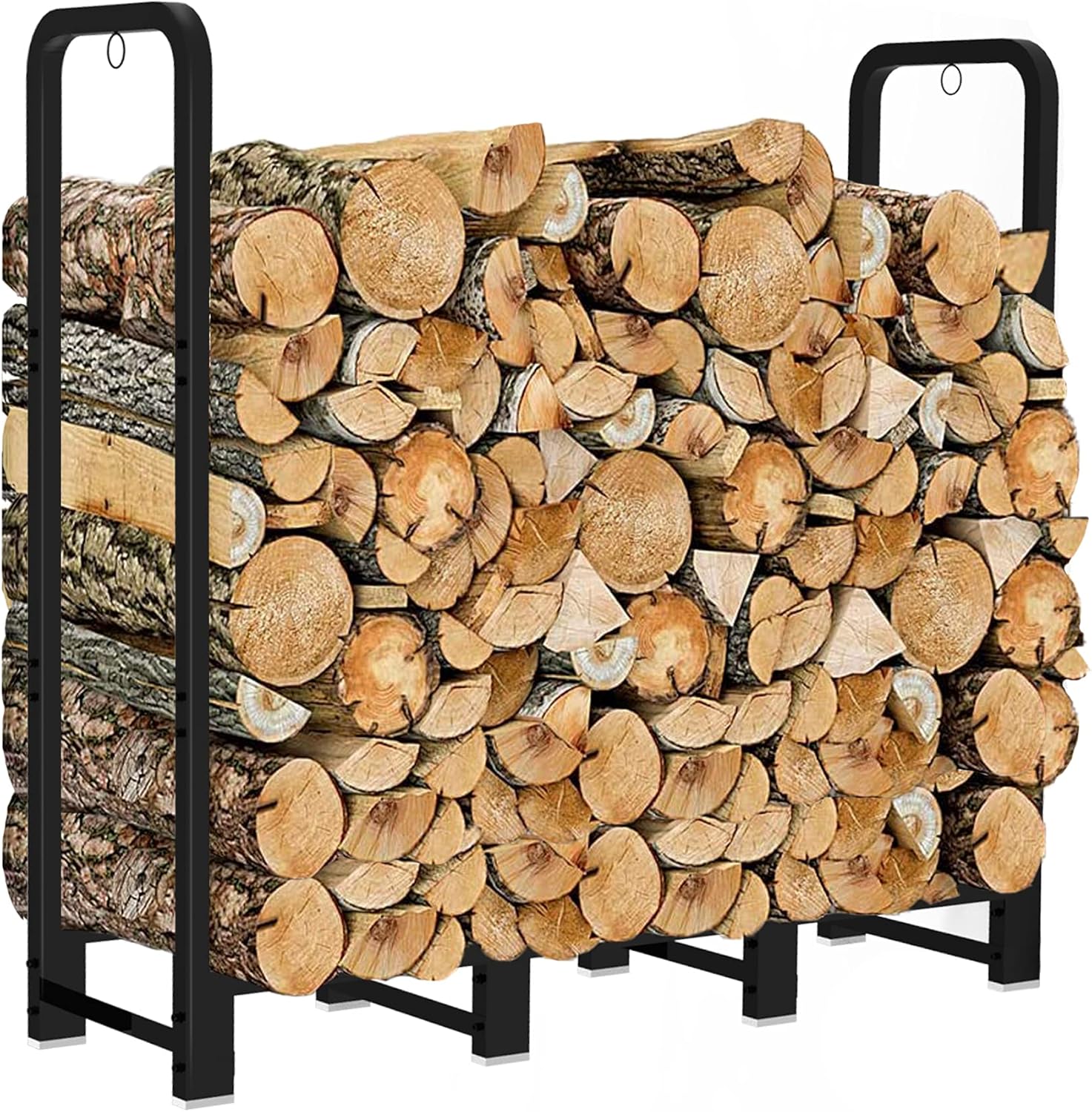 Firewood Rack Stand 4ft Heavy Duty Logs Holder for Outdoor Indoor Fireplace Metal Wood Pile Storage Stacker Organizer, Matte Black