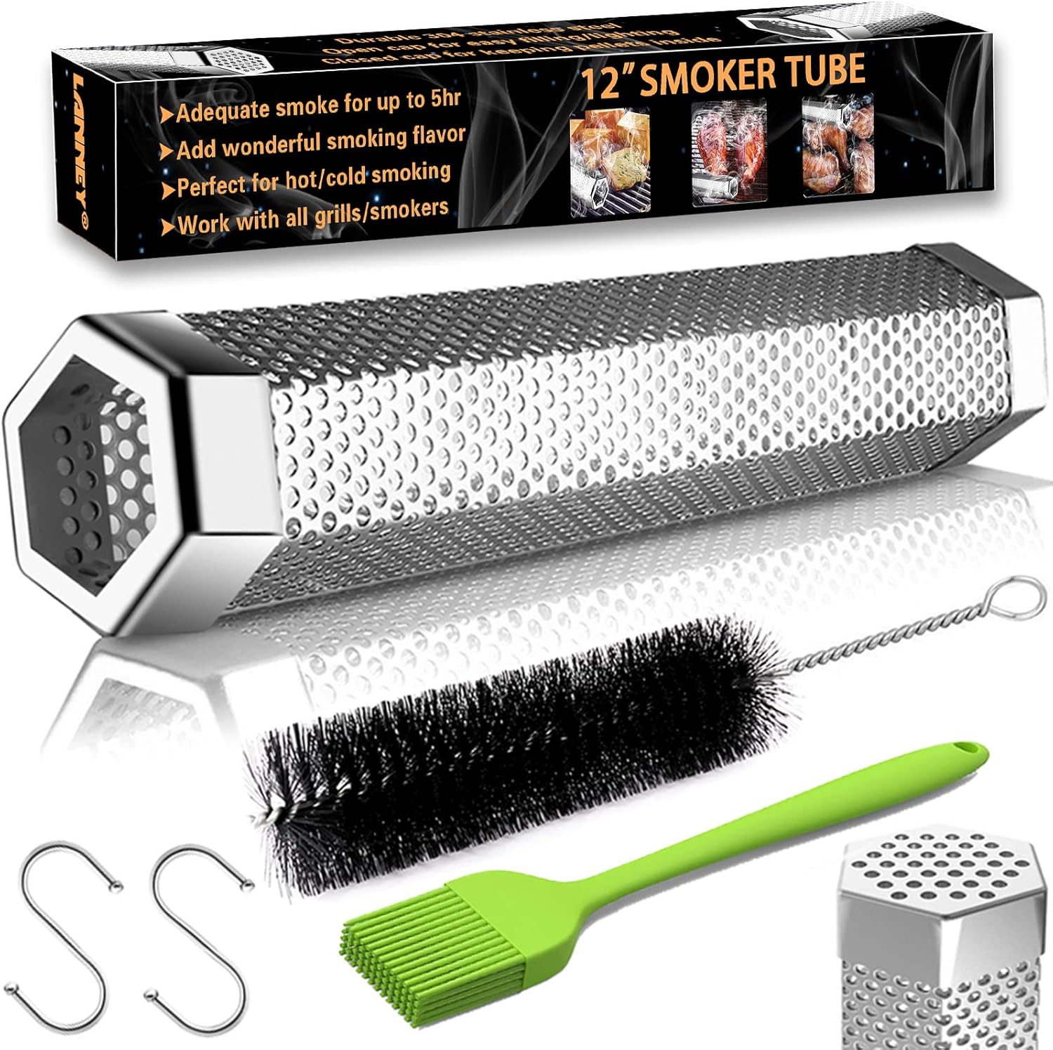 Smoke Tube for Pellet Smoker, 12” Smoker Tube for Pellet Grill – Hot or Cold Smoker Accessories for Electric Gas Charcoal Grilling, Premium Stainless Steel Portable Barbecue Smoking Tube, Bonus Brush
