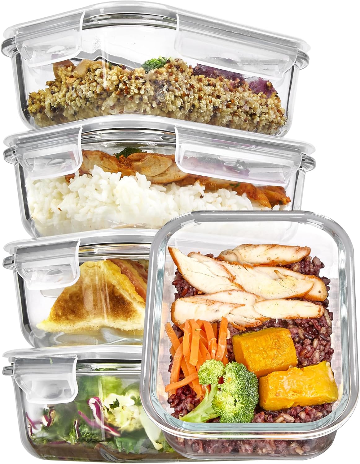 Vtopmart 5Pack 22oz Glass Storage Containers with Lids, Glass Meal Prep Food Container Sets with Snap Airtight Lid for Microwave, Oven, Freezer and Dishwasher, Grey