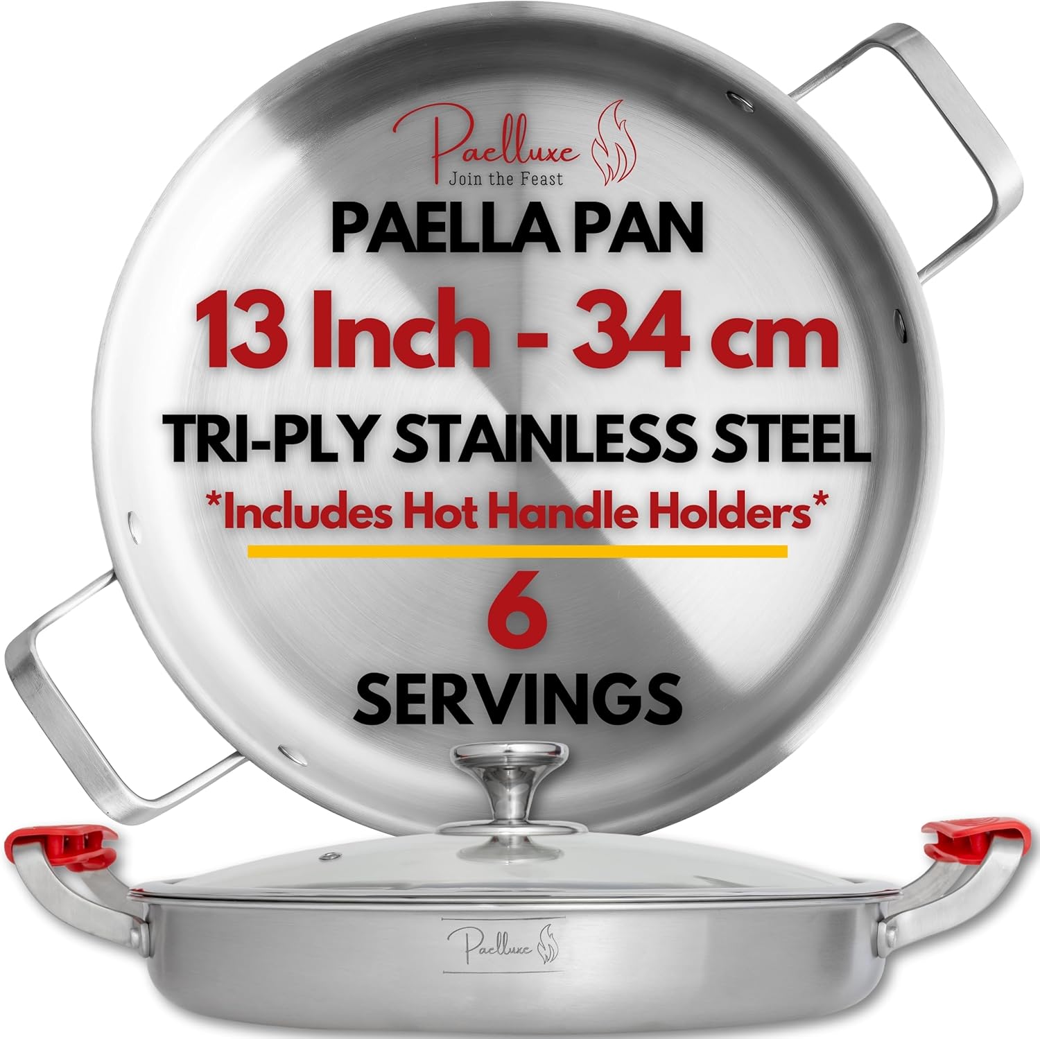 Paelluxe 13 Inch Tri-Ply Stainless Steel Paella Pan with Lid for 6 Servings – Includes Hot Handle Holders – Induction, Oven and Dishwasher Safe Skillet, Indoor Outdoor Cooking Cacerola Paellera Sarten