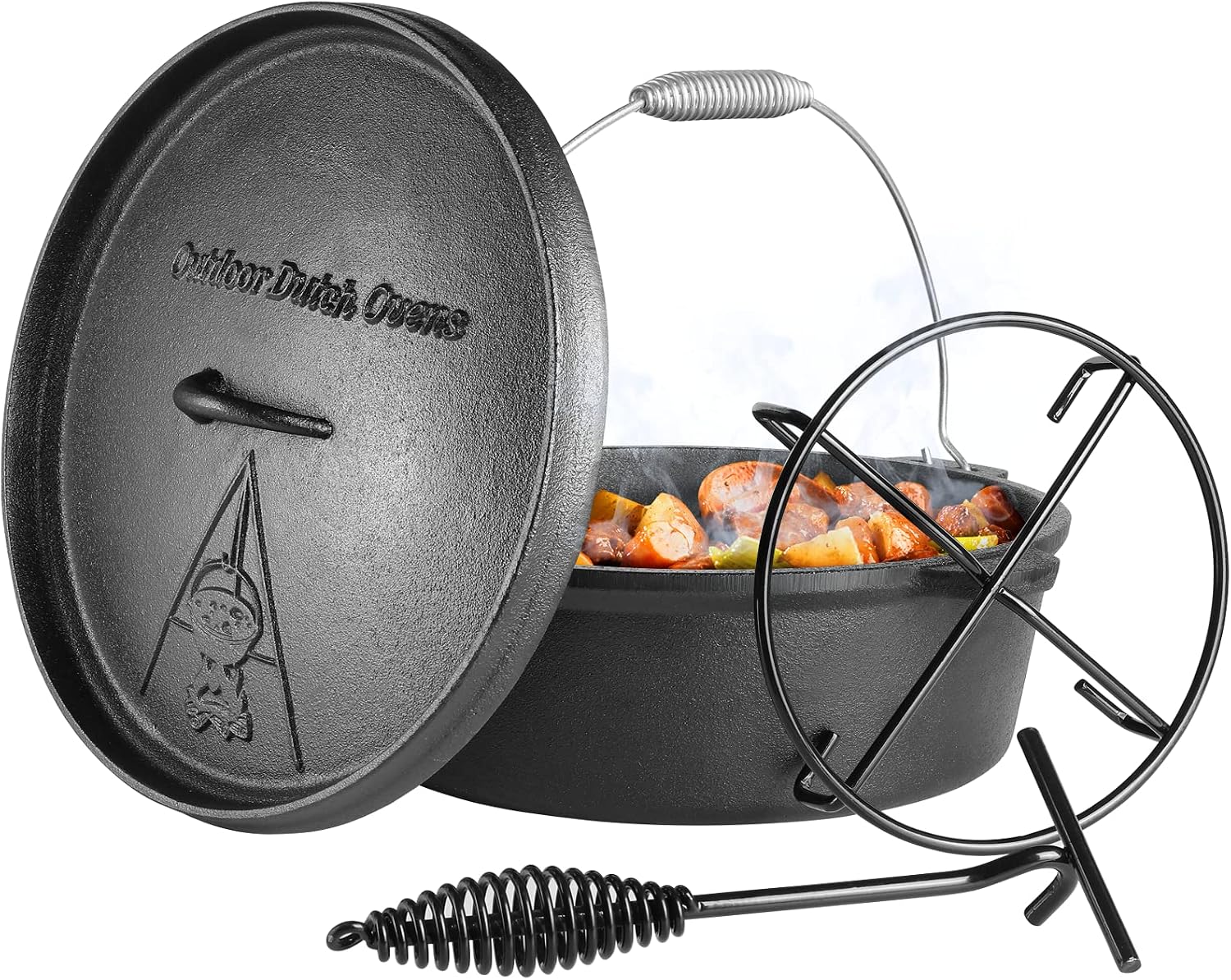 LIFERUN Dutch Oven Pot with Lid, 8 Quart Cast Iron Dutch Oven, without Feet, with Stand & Spiral-shaped Handle, Cast Iron Pot for Outdoor & Indoor