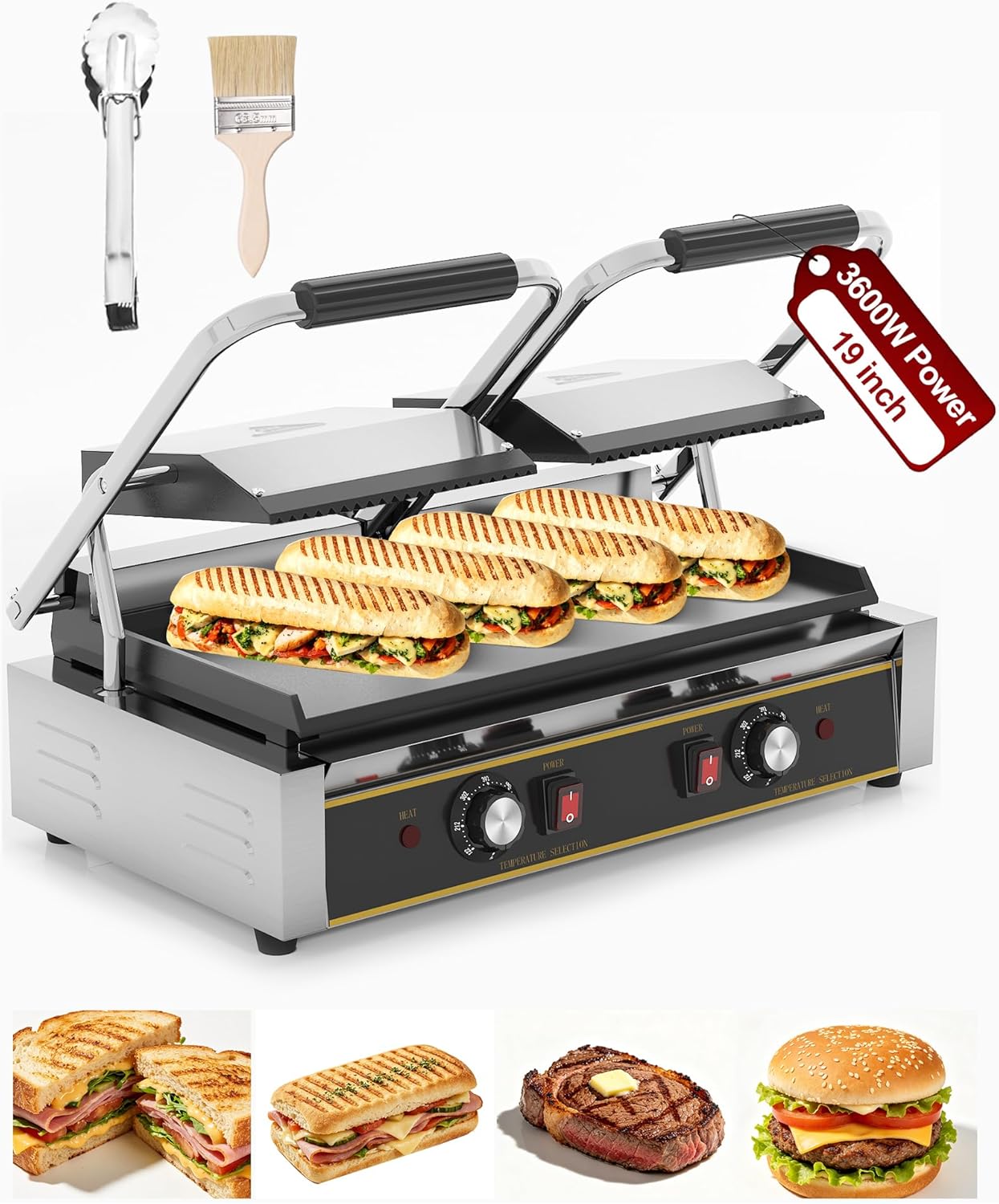 Commercial Panini Press — 19″x9″ Cast Iron Enamel Plate, Adjustable Temp, 3600W Electric Sandwich Maker, Stainless Steel, Professional Panini Press Grill for Hamburger, Steak, Bacon