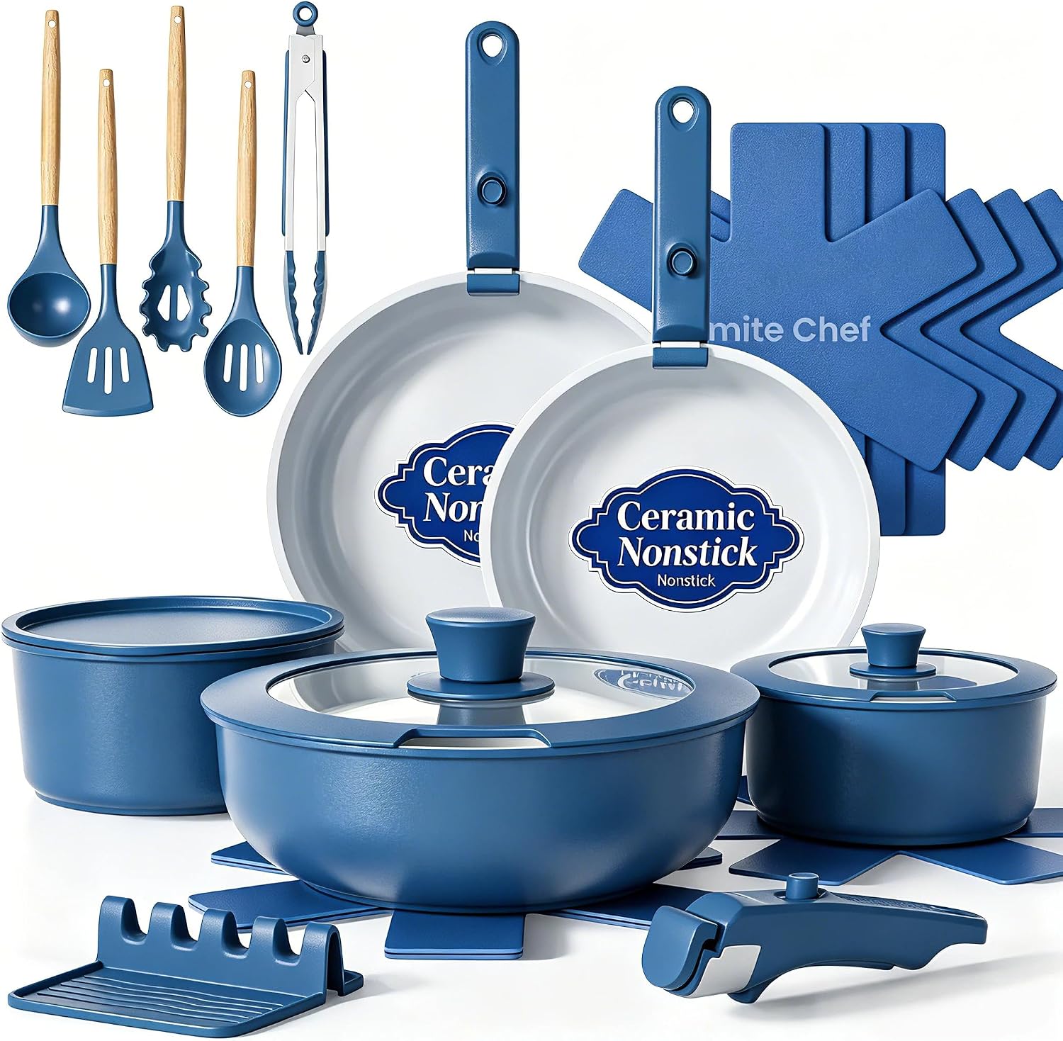 Umite Chef Pots and Pans Set Non Stick, 21 pcs Ceramic Cookware Set with Detachable Handles, Healthy Induction Cookware, RV Kitchen Cooking Set, with Utensils & Frying Pans Set, PFAS PFOA & PTFE Free