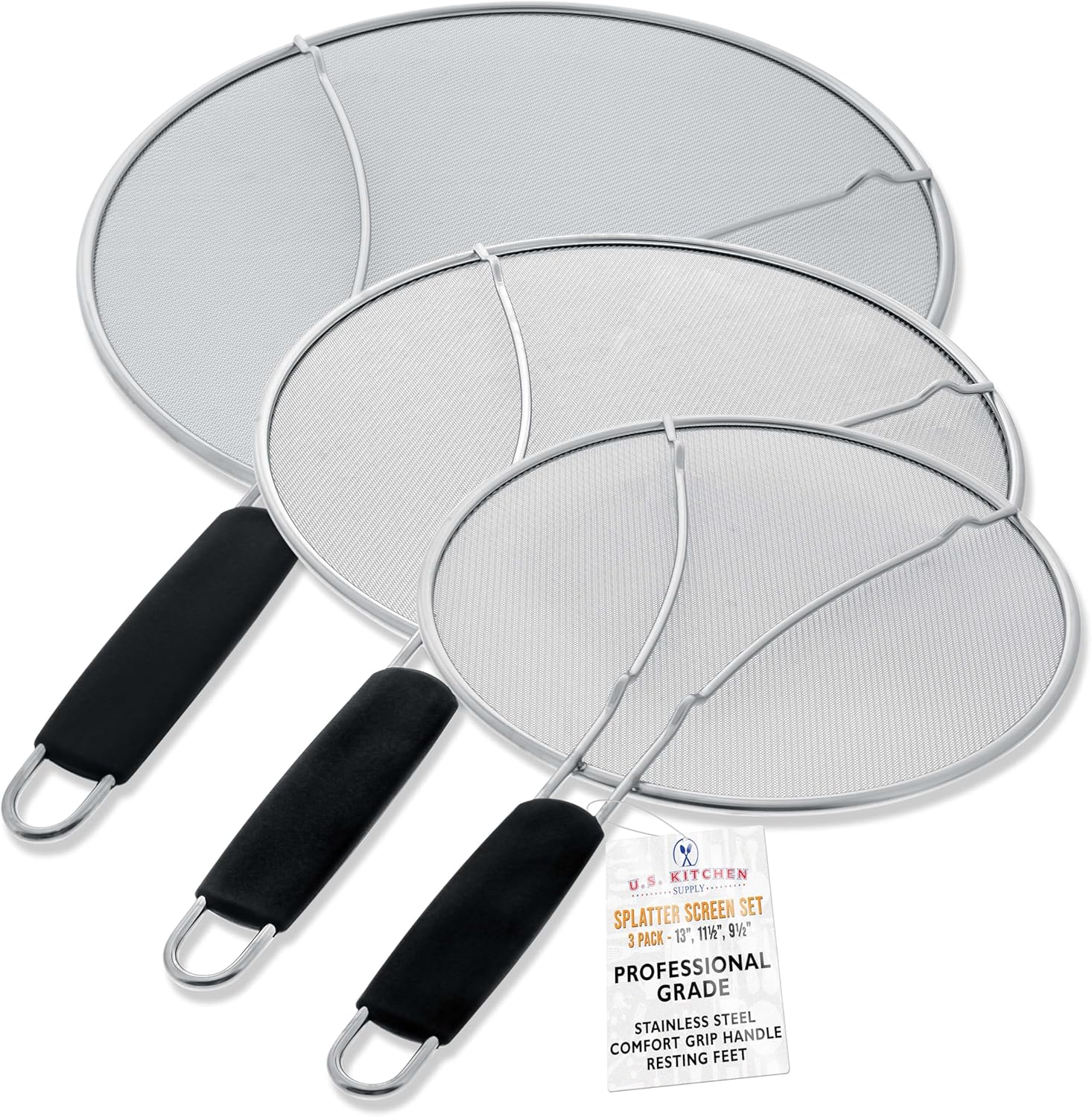 U.S. Kitchen Supply 3-Piece Stainless Steel Splatter Guard Set (13″, 11.5″, 9.5″) Fine Mesh Cover, Grease & Oil, Splatter Screen for Frying Pan, Cooking Pots, with Resting Feet & Comfort Grip Handles