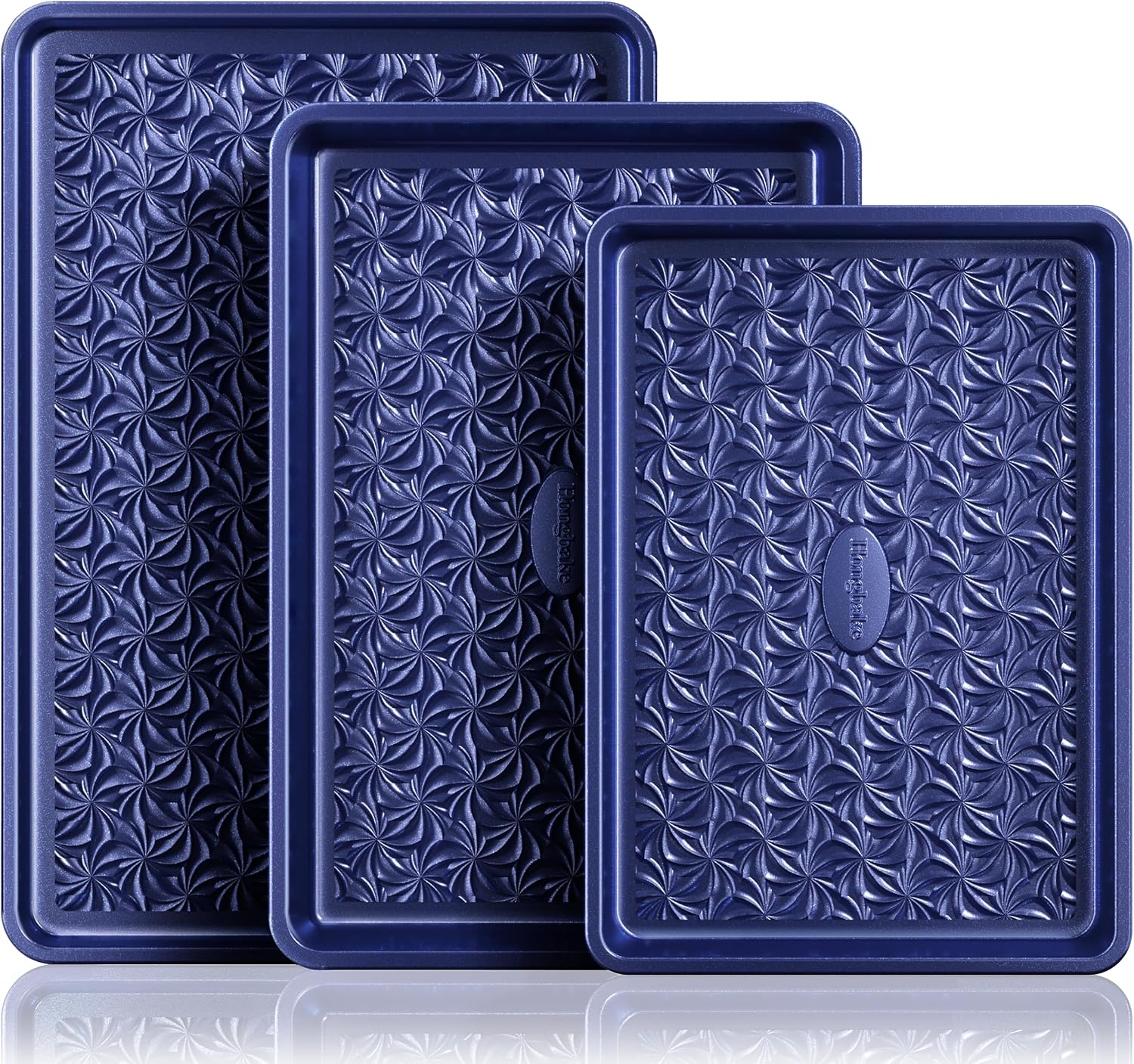 HONGBAKE Nonstick Baking Sheet Pan Set of 3, Cookie Sheets for Oven, Non-Toxic Half/Quarter/Jelly Roll Pans with Floral Swirl Texture, Heavy Duty 0.8mm Thick Oven Trays for Cooking, Blue