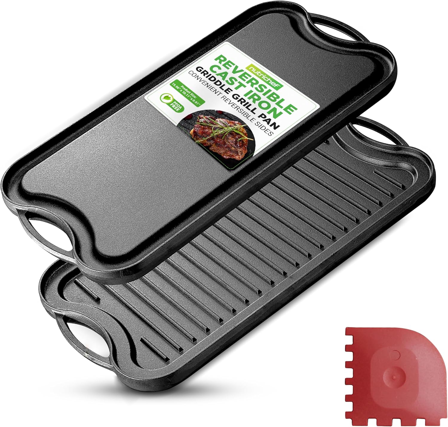NutriChef 20″x10″ Reversible Cast Iron Griddle Pan – Flat & Grill Sides, Pre-Seasoned, Oven Safe, Extra-Wide, PFOA & PFOS Free, for Gas, Electric, or Outdoor Cooking