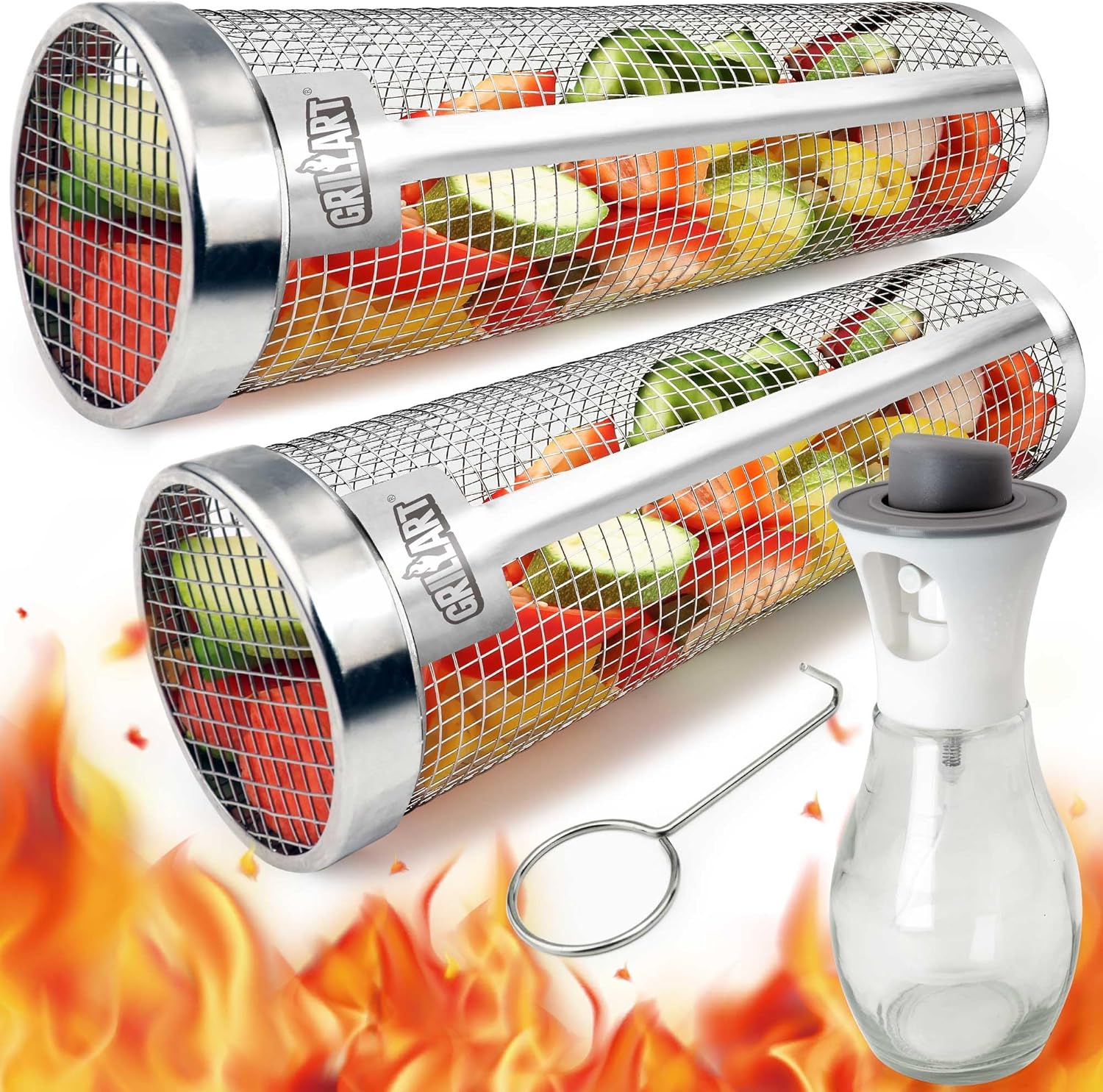 [Upgraded] Grill Basket 2 Pcs (Size XXL), Dishwasher Safe Rolling Grilling Baskets for Outdoor Grilling, Stainless Steel BBQ Grill Basket for Veggies, Grill Nets Cylinder, Gifts for Men/Dad