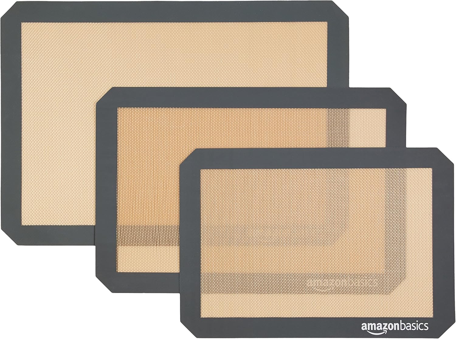 Amazon Basics Rectangular Non-Stick Silicone Baking Mat, Food Safe, Heat Resistant, 9″x13″, 9.9″x14.8″, and 16.5″x11.6″, Beige/Gray, Pack of 3