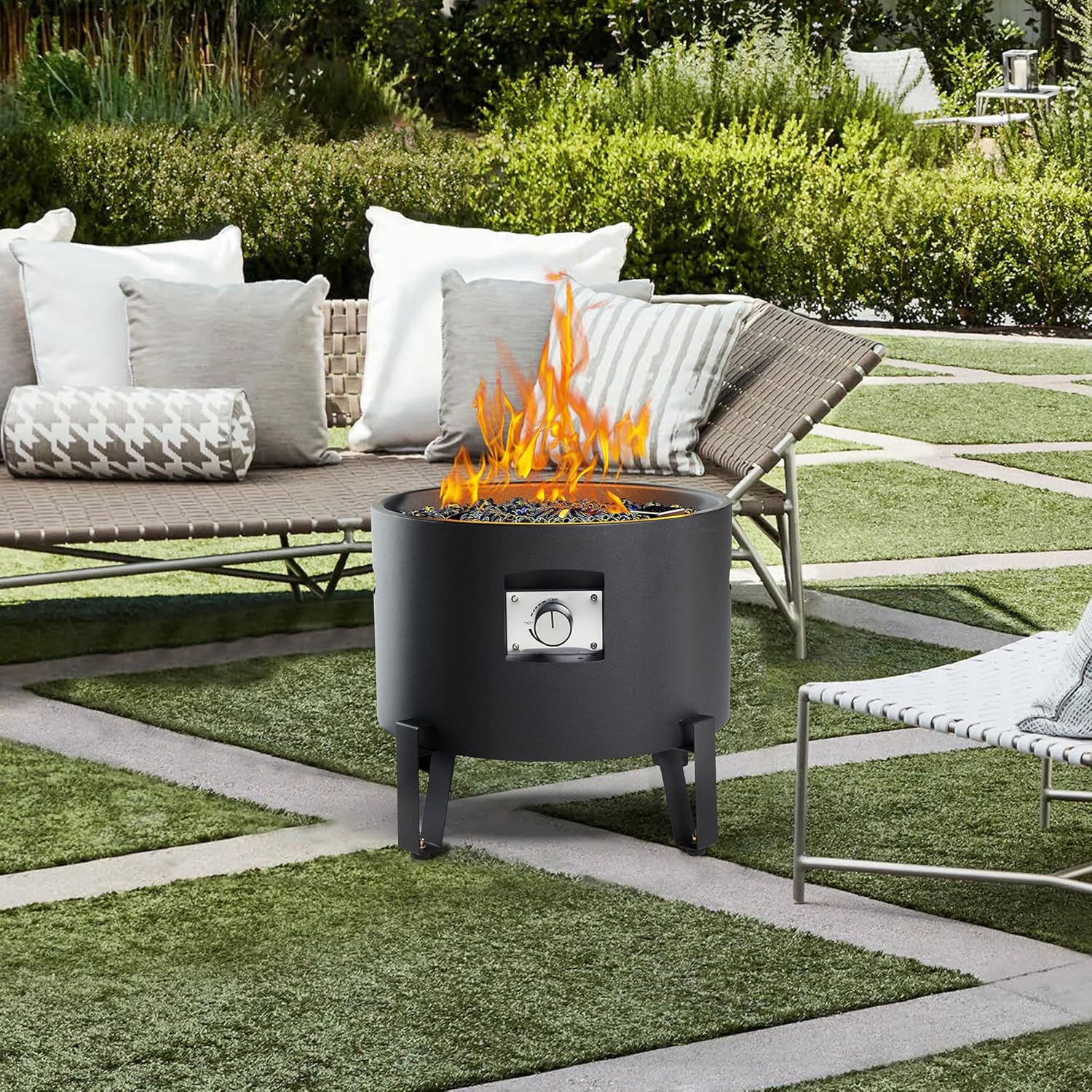BAIDE HOME Portable Propane Fire Pit for Camping RV 50,000 BTU Round 15” H x 16” W Portable Gas Firepit W/Lid, Glass Rocks & Weather Resistant for Outdoors, Propane Extension Hose, Black