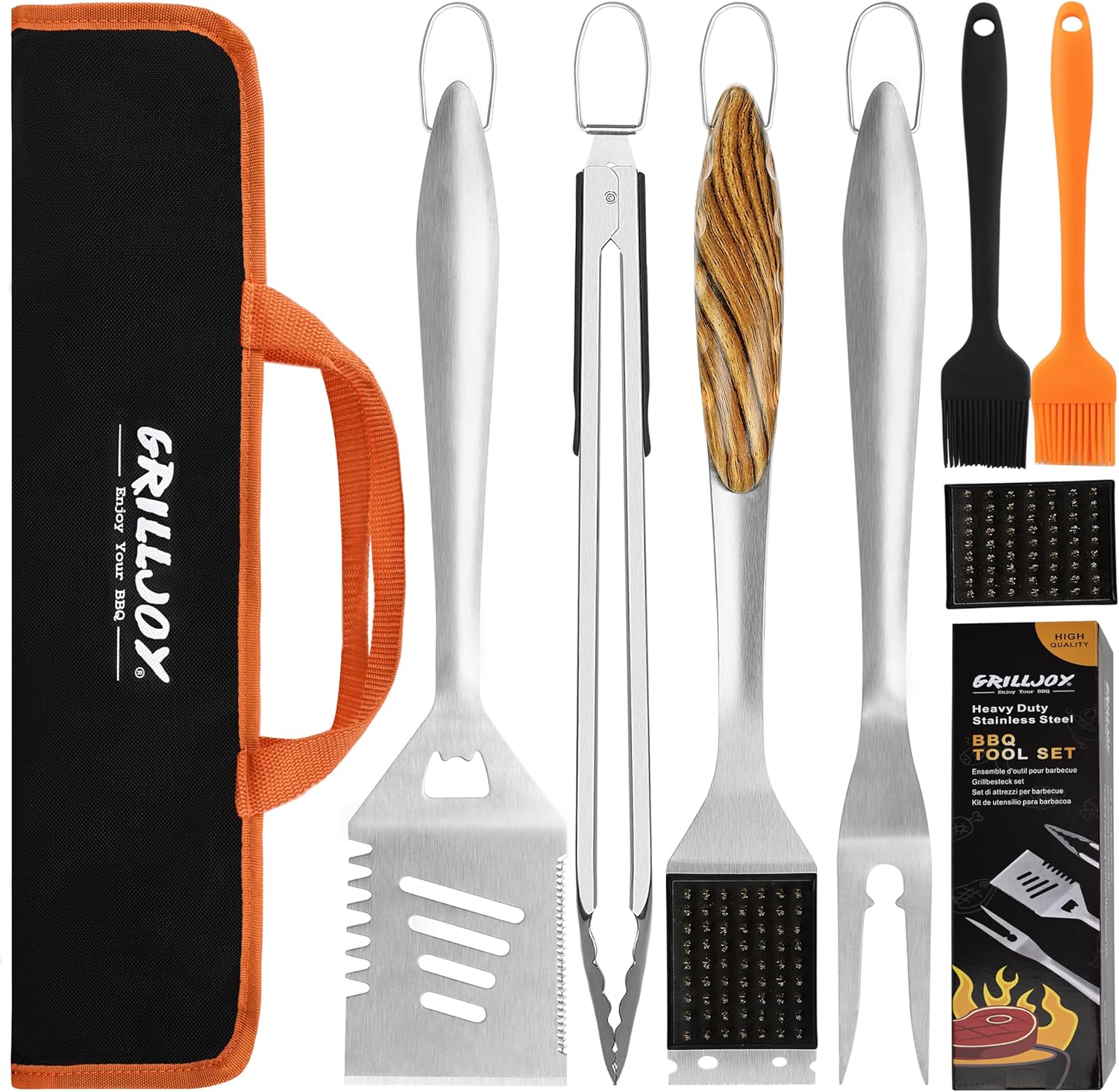 Grilljoy 8PCS BBQ Grill Tools Set with Extra Thick Stainless Steel Spatula, Fork, Tongs & Cleaning Brush – Complete Barbecue Accessories Kit with Portable Bag – Perfect Grill Gifts for Father’s Day