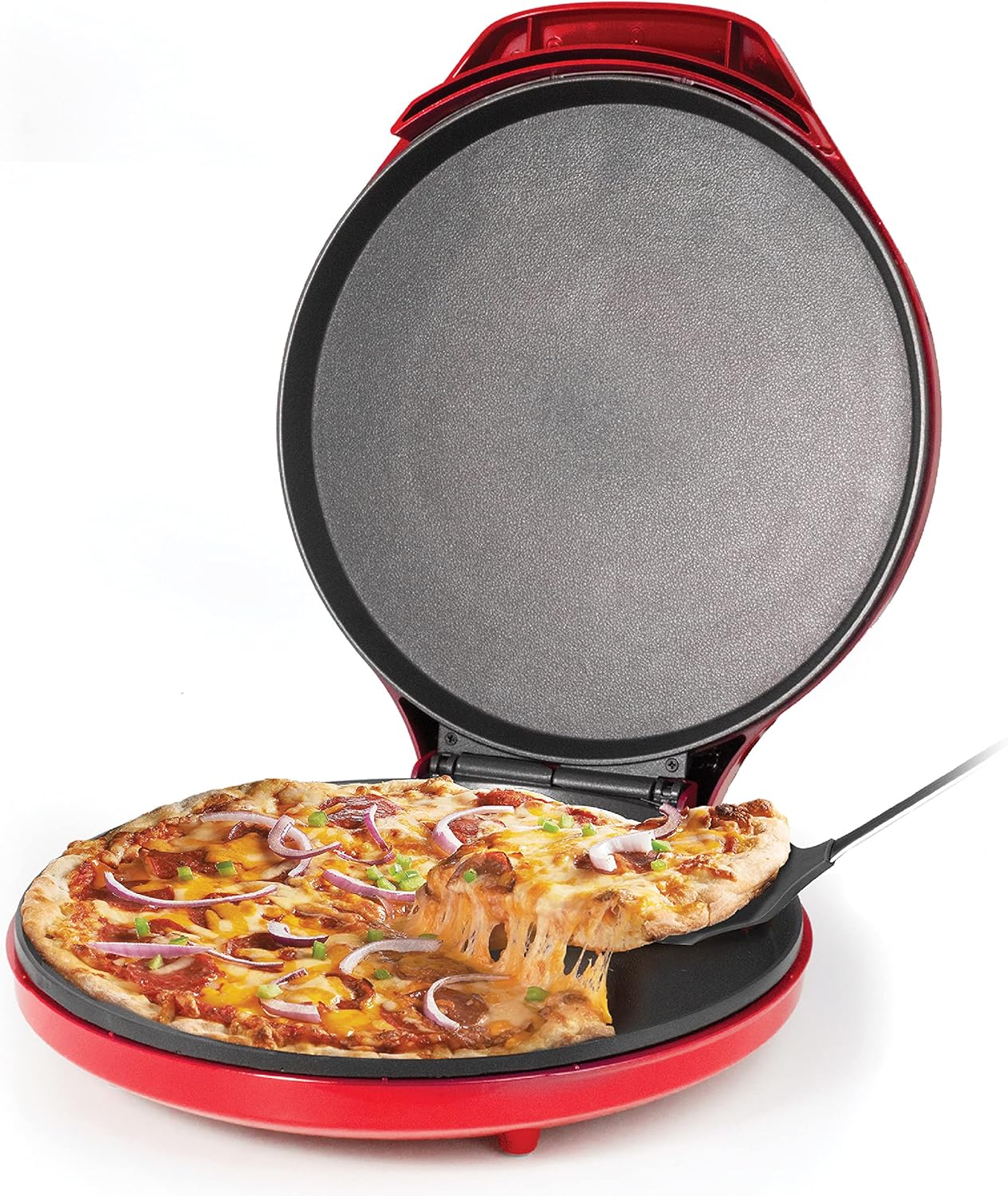 Betty Crocker Pizza Maker Plus, 12″ Indoor Electric Grill, Nonstick Griddle Pan for Pizzas, Quesadillas, Tortillas, Nachos and more, 12″ Electric Griddle for Delicious Meals and Snacks, Red