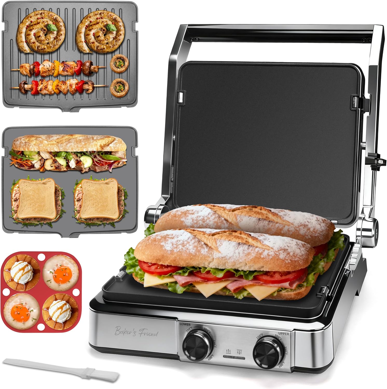 Baker’s Friend 4-slice Panini Press Grill Cheese Sandwich Maker, Electric Grill Indoor with Temperature Setting, Opens 180 Degrees, Dual Non-stick Surfaces, 4-circle Silicone Mold, Reversible Plates