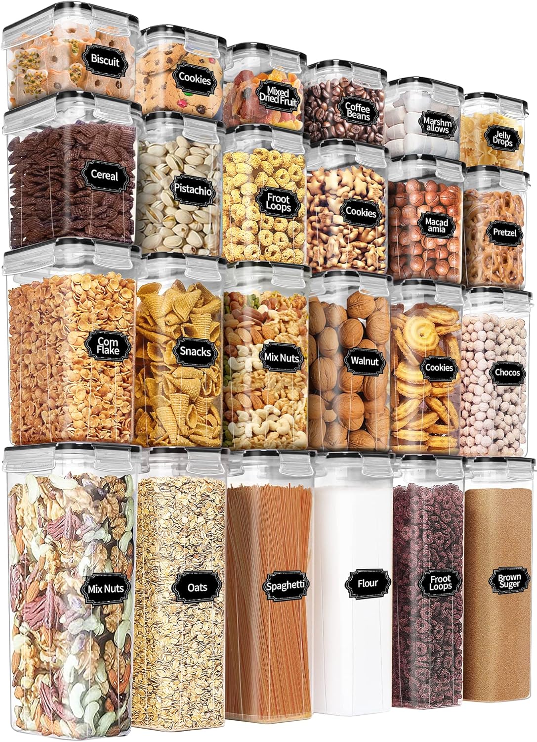 PRAKI Airtight Food Storage Containers Set with Lids – 24 PCS, BPA Free Kitchen and Pantry Organization, Plastic Leak-proof Canisters for Cereal Flour & Sugar – Labels & Marker