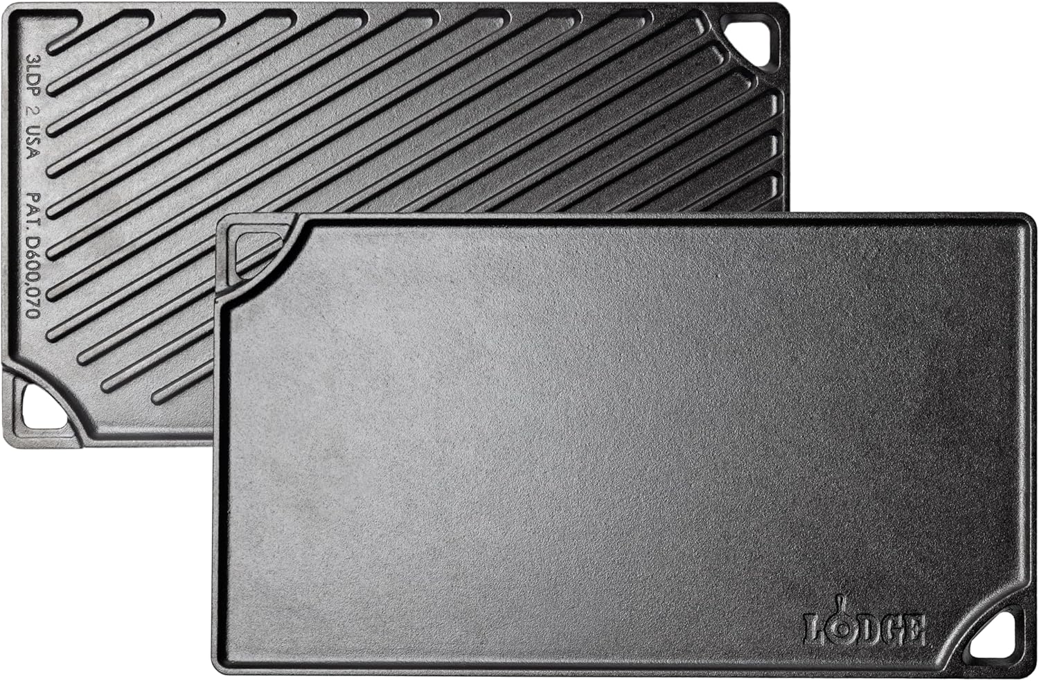 Lodge Reversible Cast Iron Grill/Griddle Pan 16.75 x 9.5 – Pre-Seasoned Dual-Sided Double Burner for BBQ, Eggs, Pancakes, Burgers – PFAS Free Cookware – Flat Top Plate for Oven, Grill, & Campfire