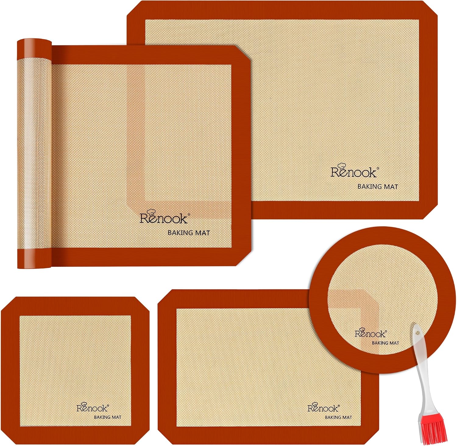 Silicone Baking Mat Set of 5, Grade Food Non-Stick Reusable Baking Mat, Slip Oven Liner Sheet, Round & Square Cake Pan Mat & Silicone Brush for Macaron, Pastry, Cookie