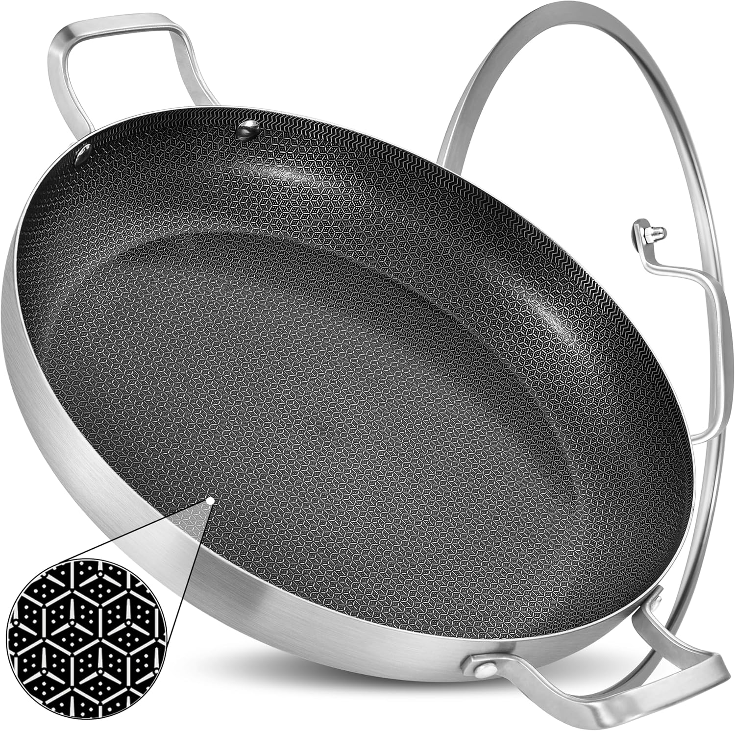 Inqibee 14-Inch Hybrid Tri-Ply Stainless Steel Paella Pan with Lid, Ceramic Non Stick Large Skillet, Induction Cooking Pan, Anti-Scratch, Dishwasher and Oven Safe