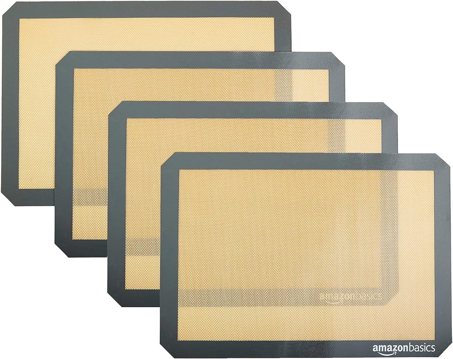 Amazon Basics Non-Stick Silicone Baking Mat, Food Safe, Dishwasher Safe, Heat Resistant, 16.5″ x 11.6″, Beige/Gray, Rectangular, 4-Pack