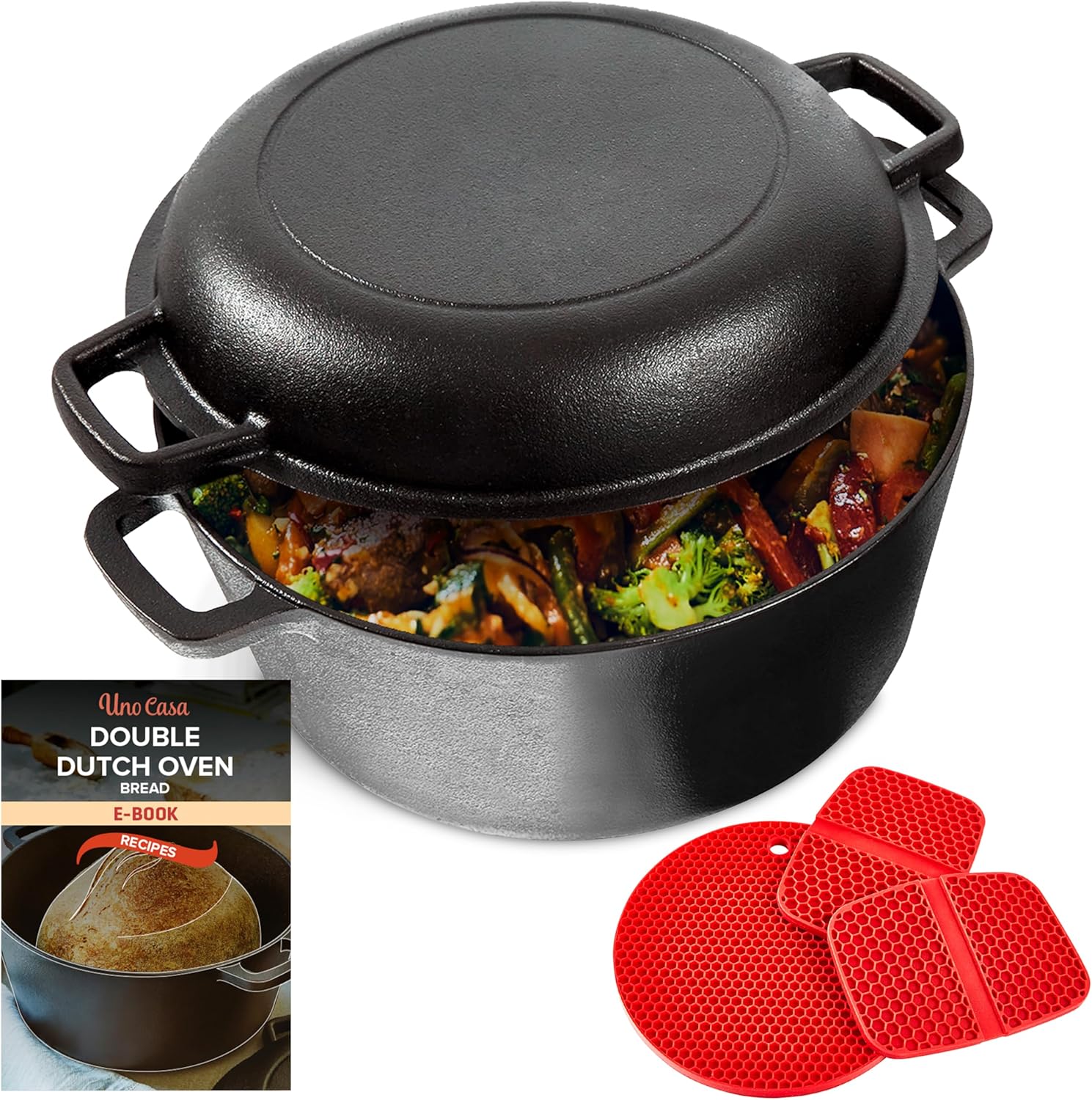 Uno Casa 2-in-1 Cast Iron Dutch Oven Large – 5 Quart Dutch Oven Pot with Lid, Pre-Seasoned Cooking Dish for Bread Baking and Stews – Heavy Duty Cast Iron Pot with Detachable Frying Pan Lid for Versatile Cooking