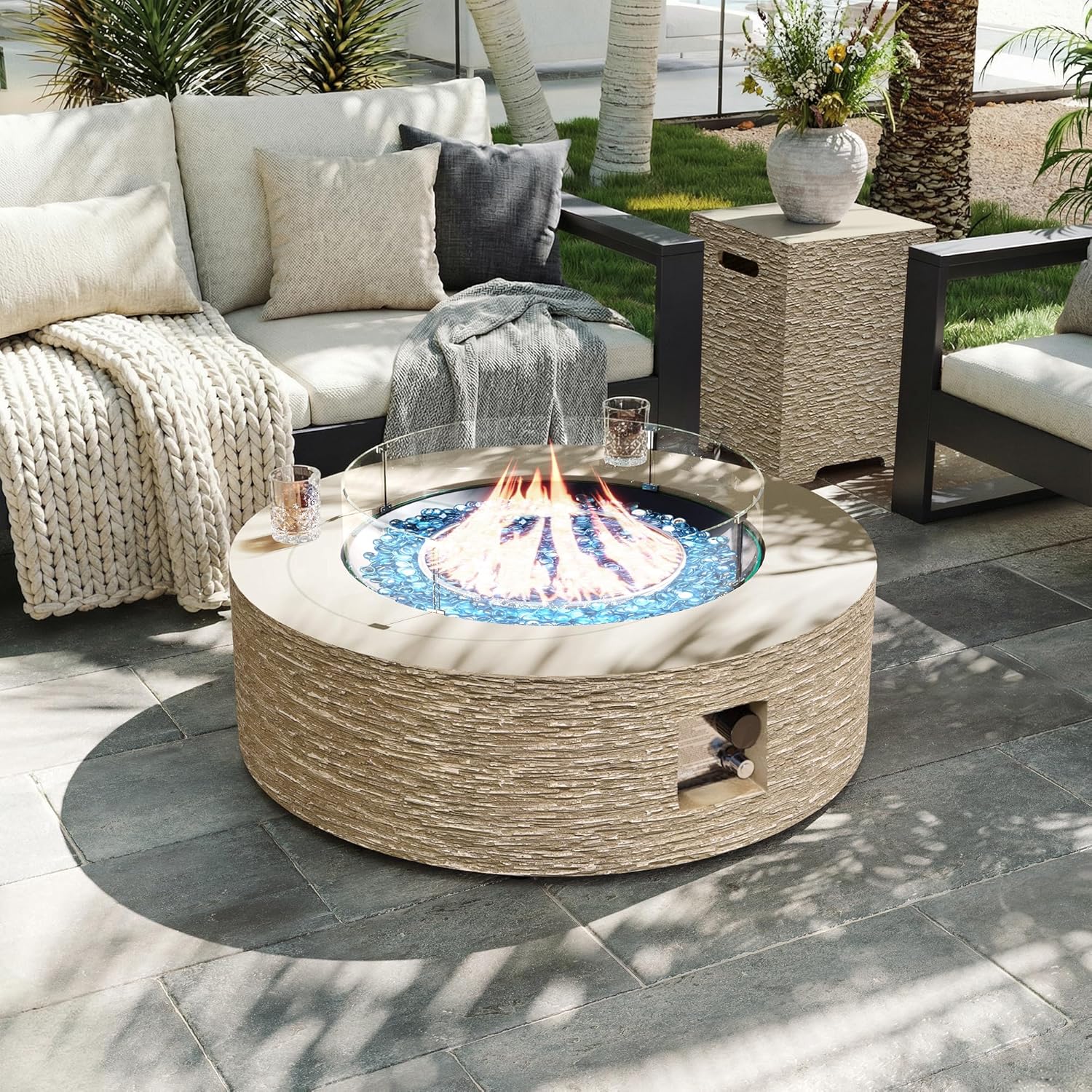 UPHA 42-inch Outdoor Propane Gas Fire Pit Table 50000 BTU Concrete Round FirePit for Outside Patio with Propane Tank Cover, Wind Guard, Blue Glass Rocks, Rain Cover, Beige