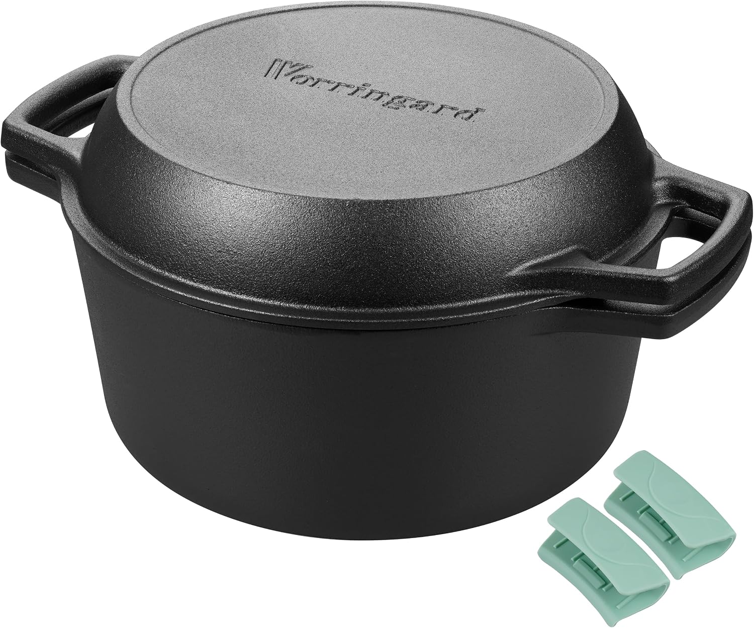 VORRINGARD Pre-seasoned Cast Iron Double Dutch Oven Pot with Skillet Lid, Dual-handle, for Bread Baking, Outdoor, Campfire Cooking, 5 Quart