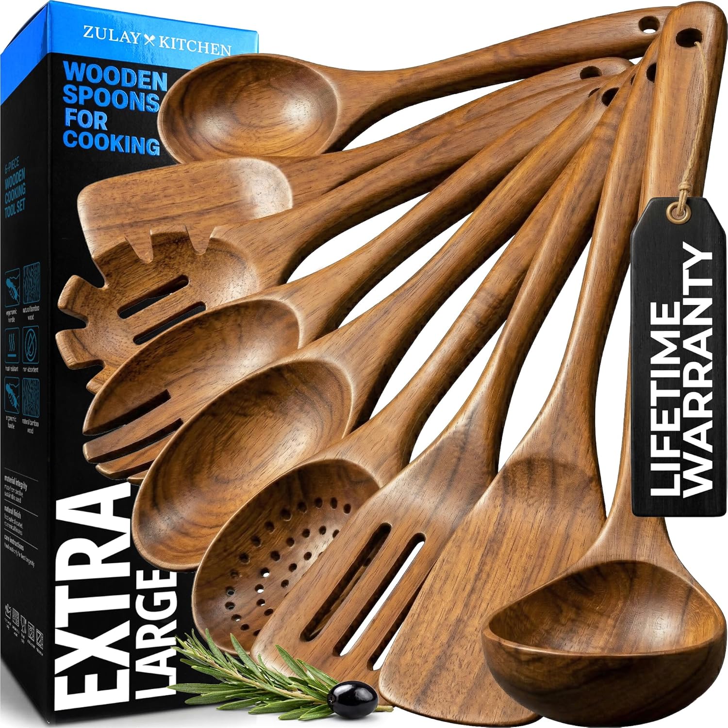 Zulay Kitchen 9-Piece Teak Wood Cooking Utensil Set – Non-Toxic & Non-Stick Safe Wooden Spoons & Kitchen Tools with Comfortable Grip, Smooth Finish Natural Teak – Perfect Kitchen Gift Set