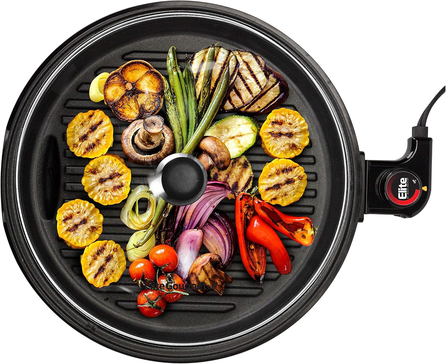 Elite Gourmet EMG6505G 12″ Smokeless Indoor Electric BBQ Grill with Glass Lid Dishwasher Safe, Nonstick, Adjustable Temperature, Fast Heat Up, Low-Fat Meals Easy to Clean Design