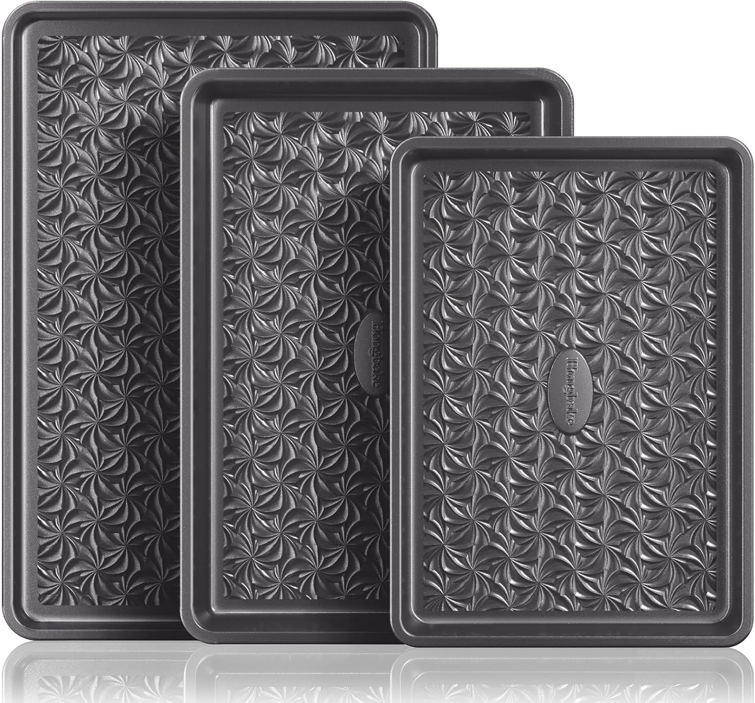 HONGBAKE Nonstick Baking Sheet Pan Set of 3, Cookie Sheets for Oven, Non-Toxic Half/Quarter/Jelly Roll Pans with Floral Swirl Texture, Heavy Duty 0.8mm Thick Oven Trays for Cooking, Dark Gray
