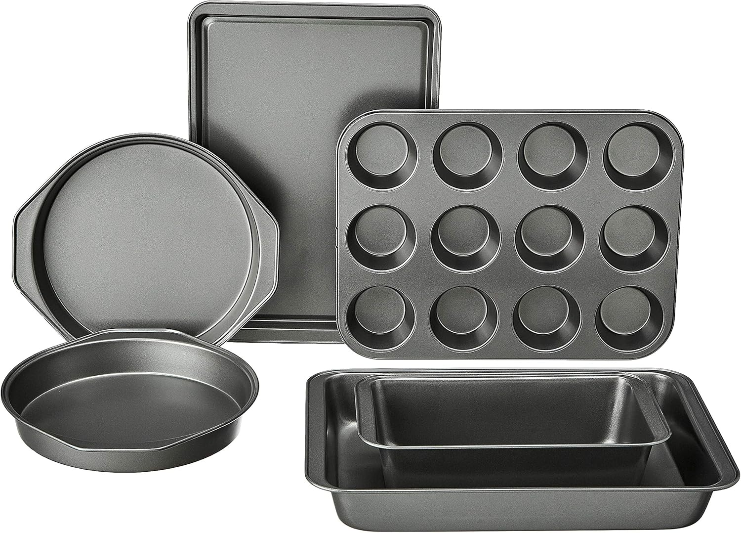 Amazon Basics 6 Piece Nonstick Carbon Steel Bakeware Set with Cake, Muffin, Cookie, and Loaf Pans, Easy Release, Oven Safe, 16.25 x 11.75 x 6.25 inches