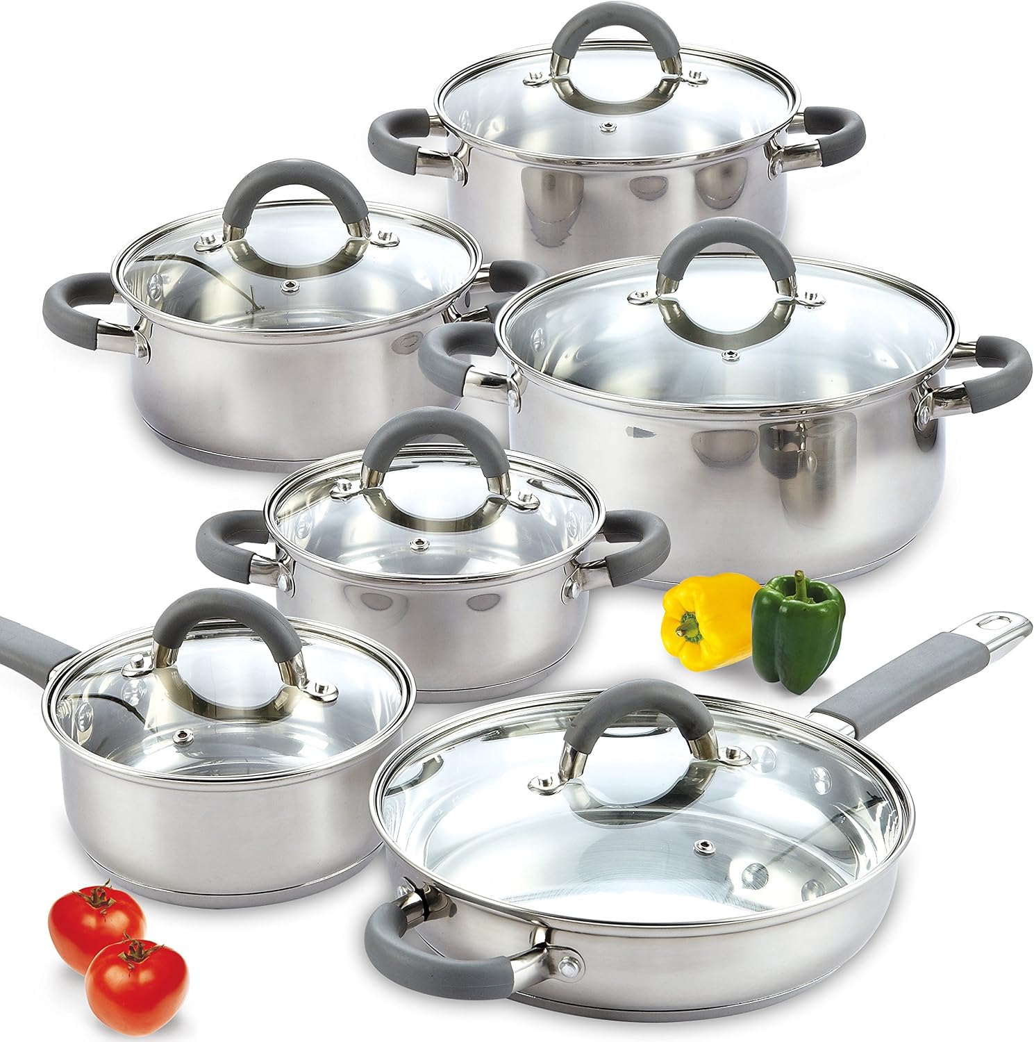 Cook N Home Basics Stainless Steel Cookware Sets, 12-Piece Pots and Pans | Stay-Cool Handle, Induction Compatible, Dishwasher and Oven Safe