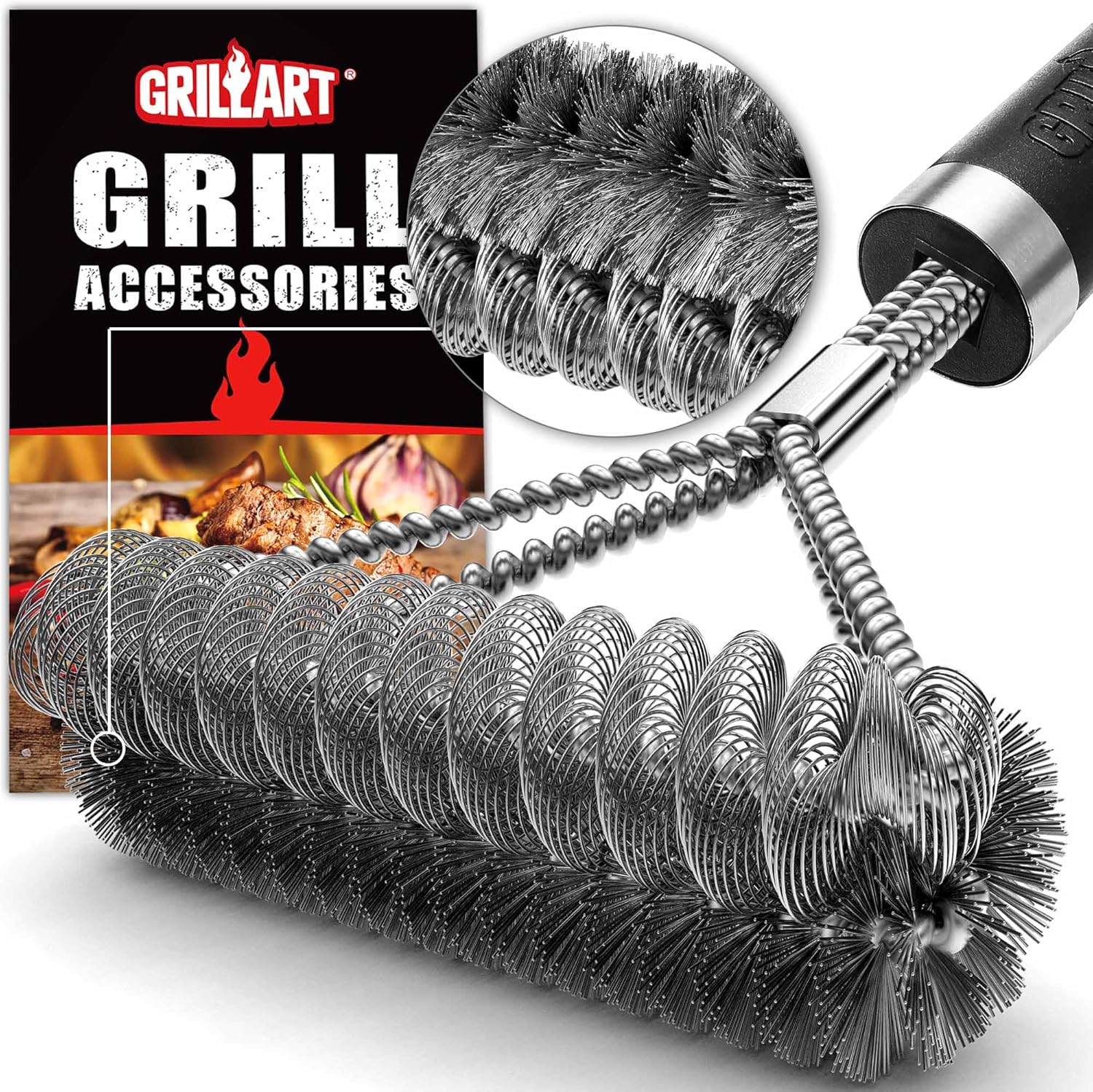 GRILLART Grill Brush [Wire + Helix] Combined BBQ Brush – Safe & Efficient Grill Cleaning Brush – 18″ Grill Cleaner Brush Scrubber for Gas/Porcelain/Charbroil Grates – BBQ Accessories Gifts for Men/Dad