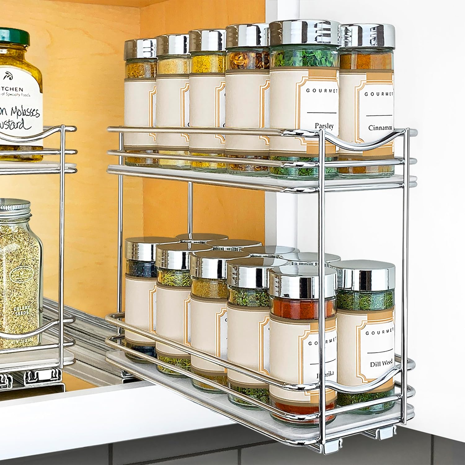 LYNK PROFESSIONAL® Pull Out Spice Organization for Cabinets – 4-3/8 inch Wide – Spice Rack for Inside Cabinets, Slide Out Spice Rack Organizer for cabinet – Pull Out Spice Rack, Sliding 2 Tier Chrome