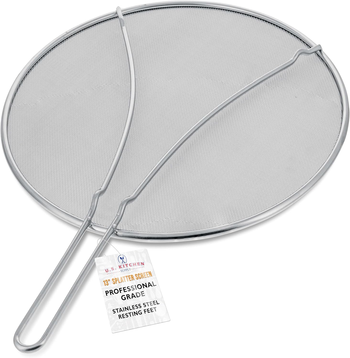 U.S. Kitchen Supply Stainless Steel Splatter Guard 13″ Fine Mesh Cover, Grease & Oil, Splatter Screen for Frying Pan, Cooking Pots, with Resting Feet