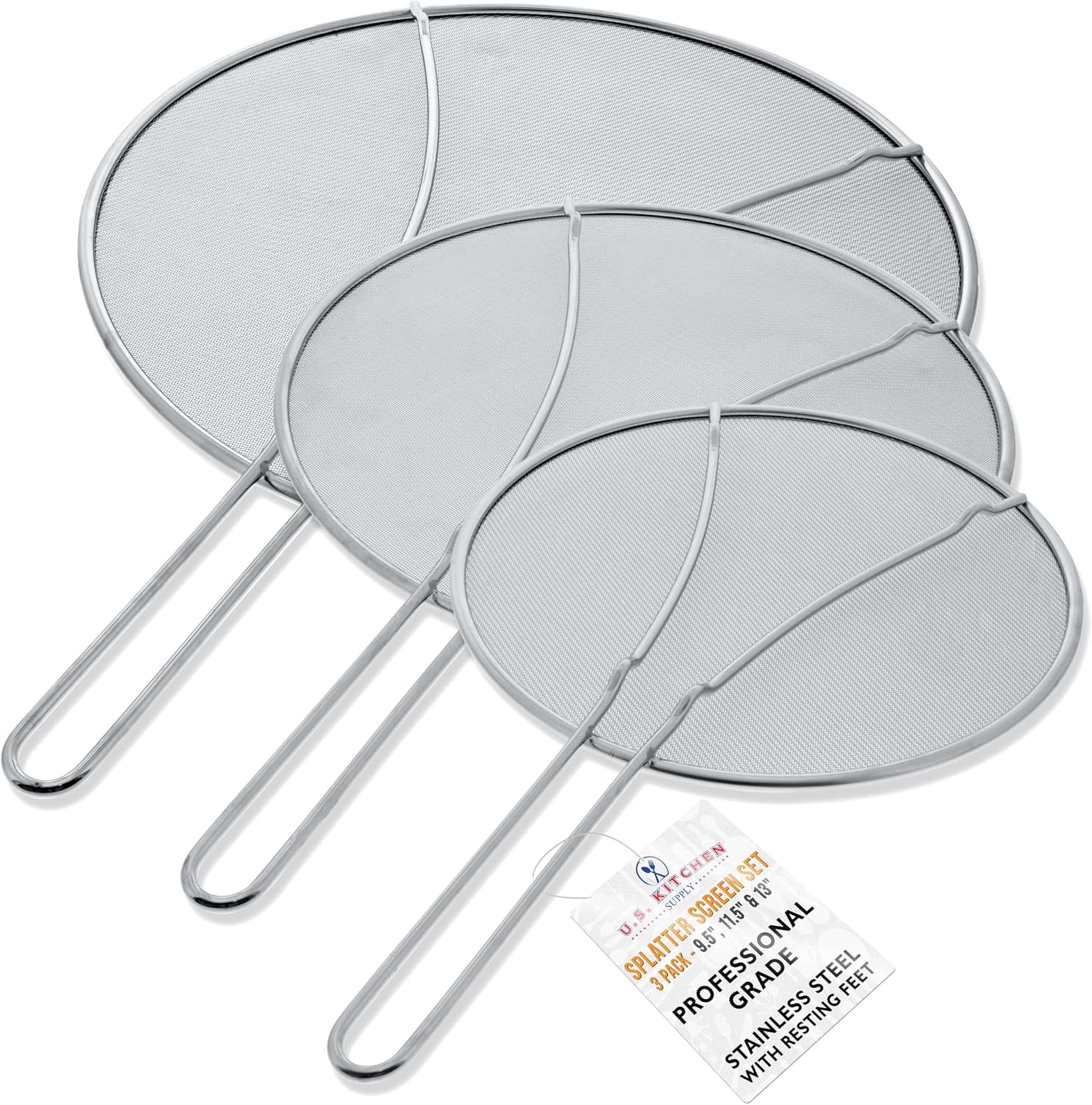U.S. Kitchen Supply Set of 3 Stainless Steel Splatter Screen – 13″, 11.5″ & 9.5″ Sizes – Fine Mesh Splatter Screen with Resting Feet Set, Grease Guard for Kitchen Pots and Pans