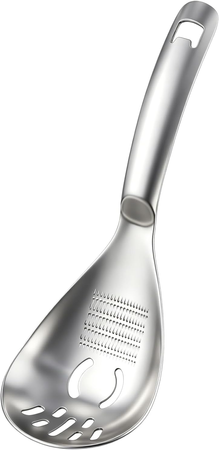 Multifunctional 5-in-1 Cooking Spoon, 18/8 304 Stainless Steel Kitchen Tool for Potato Masher, Egg Separator, Bottle Opener and Mixing Stirrer