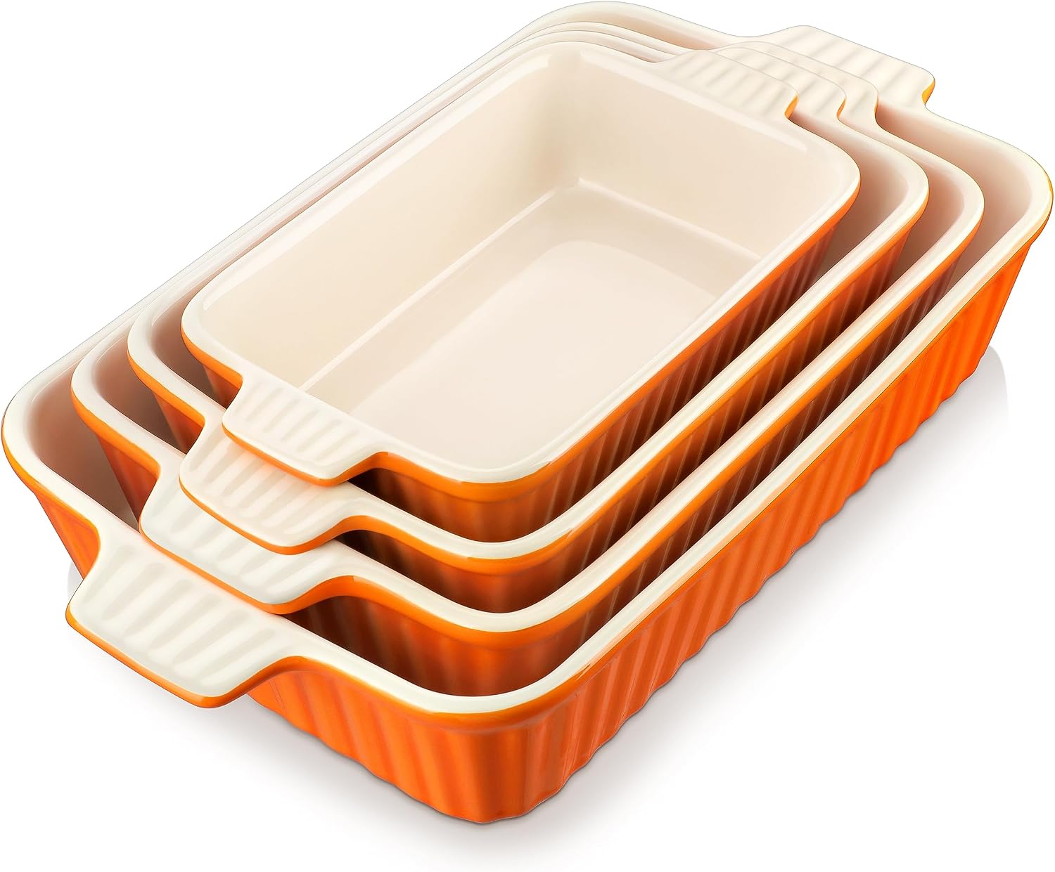 MALACASA Casserole Dishes for Oven, Ceramic Baking Dishes Set of 4,Orange | Rectangular Lasagna Pans Bakeware for Roasting Vegetable, Gratins, Gift Set, Oven Dishwasher Safe (9.4/11.1/12.2/14.7″)