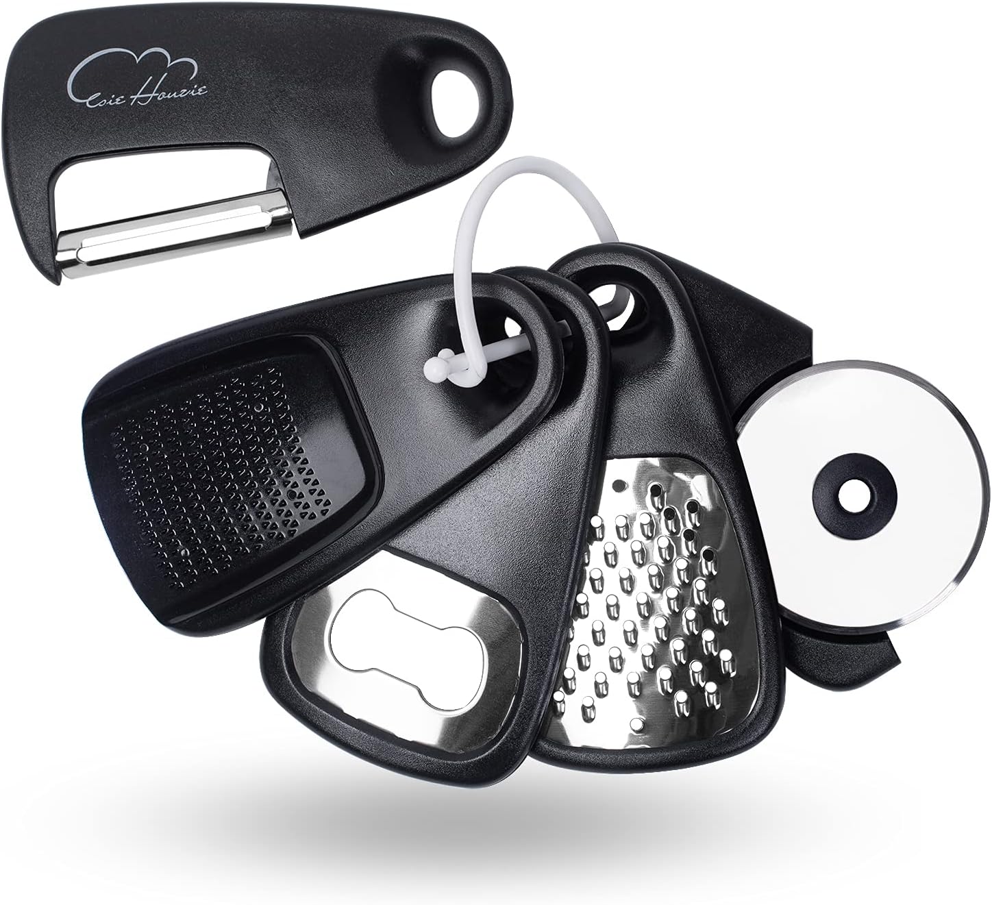 Kitchen Tools and Gadgets Set 5 Pieces, Cooking Essentials, Black | Essential Cooking Tools, Fruit/Vegetable Peeler, Grater, Bottle Opener, Pizza Cutter, Garlic/Ginger Grinder