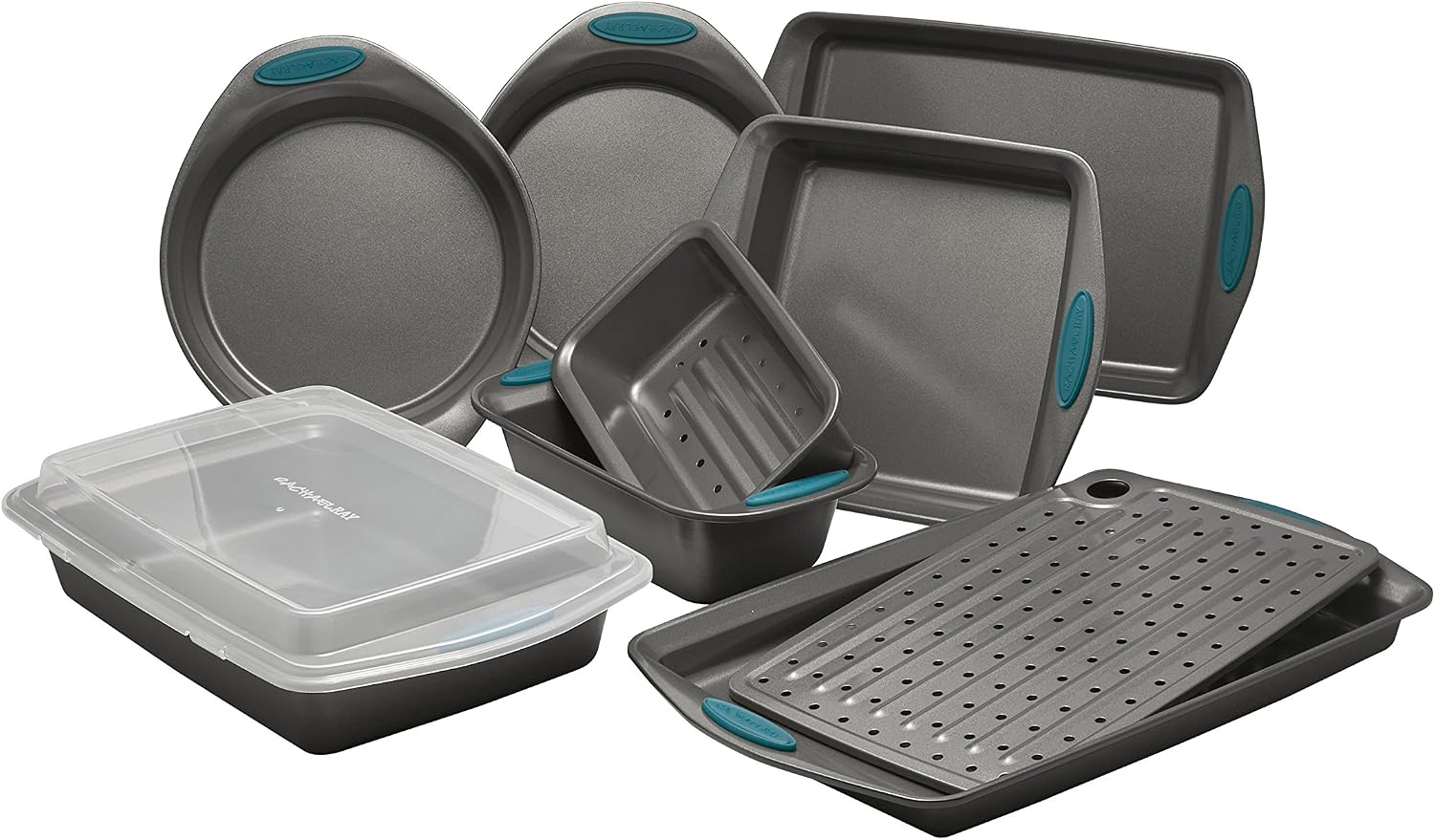 Rachael Ray Yum-o! Nonstick Bakeware Oven Lovin’ Baking Pans Set, 10-Piece, Gray and Marine Blue | Gray and marine blue baking sheets and cake baking pans set, heavy gauge steel, baking sheet pan, oven safe to 500Â°F